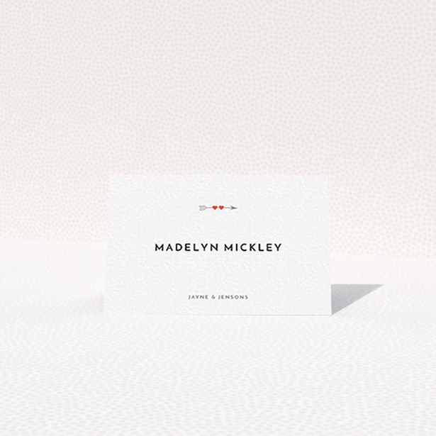 A place setting card template titled "Thanks Cupid". It is an 85 x 55mm card in a landscape orientation. "Thanks Cupid" is available as a folded card, with tones of white and red.