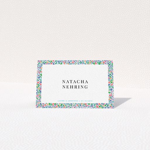 Place Setting Card Design - "The faraway garden" A place setting card design called "The faraway garden". It is an 85 x 55mm card in a landscape orientation. "The faraway garden" is available as a folded card, with tones of green, blue and red.