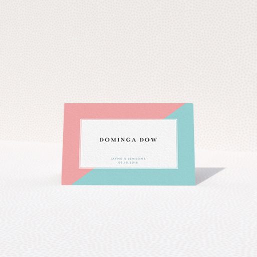 Place Setting Card Design - "Two Halves" A place setting card design titled "Two Halves". It is an 85 x 55mm card in a landscape orientation. "Two Halves" is available as a folded card, with tones of blue and pink.