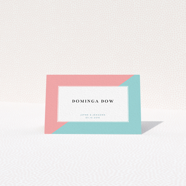 A place setting card design titled "Two Halves". It is an 85 x 55mm card in a landscape orientation. "Two Halves" is available as a folded card, with tones of blue and pink.