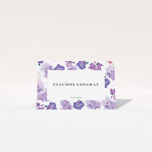 Place Setting Card Design - "Violet Explosion" A place setting card design called "Violet Explosion". It is an 85 x 55mm card in a landscape orientation. "Violet Explosion" is available as a folded card, with mainly purple/dark pink colouring.