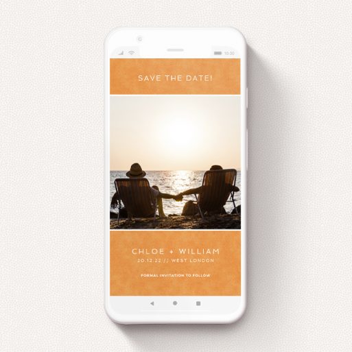 Save The Date For Whatsapp Design - "Beach Towel Orange" A save the date for whatsapp design named "Beach Towel Orange". It is a smartphone screen sized card in a portrait orientation. It is a photographic save the date for whatsapp with room for 1 photo. "Beach Towel Orange" is available as a flat card, with tones of orange and white.