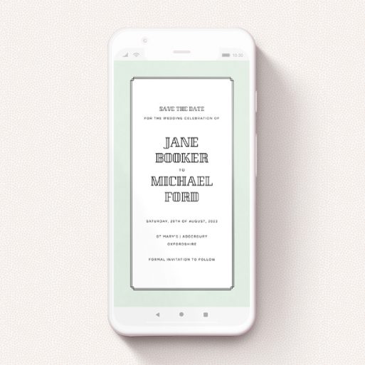 Save The Date For Whatsapp Design - "Deco mint " A save the date for whatsapp named "Deco mint ". It is a smartphone screen sized card in a portrait orientation. "Deco mint " is available as a flat card, with tones of green and white.