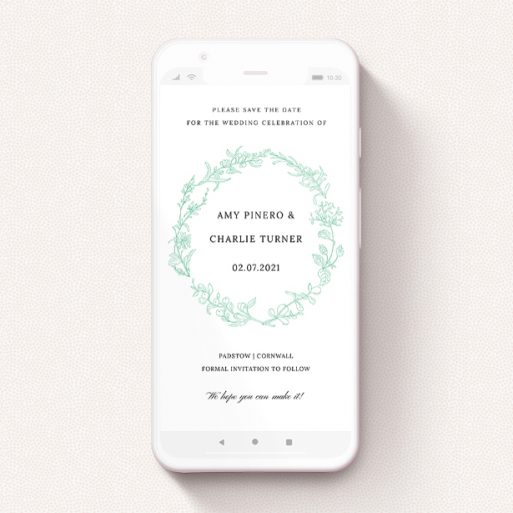 Save The Date For Whatsapp Design - "Drawn Botanics" A save the date for whatsapp template titled "Drawn Botanics". It is a smartphone screen sized card in a portrait orientation. "Drawn Botanics" is available as a flat card, with tones of green and white.