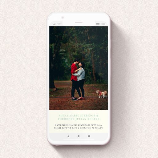 Save The Date For Whatsapp Design - "Duke of York Square" A save the date for whatsapp called "Duke of York Square". It is a smartphone screen sized card in a portrait orientation. It is a photographic save the date for whatsapp with room for 1 photo. "Duke of York Square" is available as a flat card, with tones of white and green.