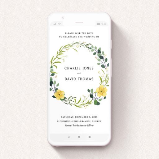 Save The Date For Whatsapp Design - "Full Summer Wreath" A save the date for whatsapp design called "Full Summer Wreath". It is a smartphone screen sized card in a portrait orientation. "Full Summer Wreath" is available as a flat card, with tones of light green, dark green and yellow.