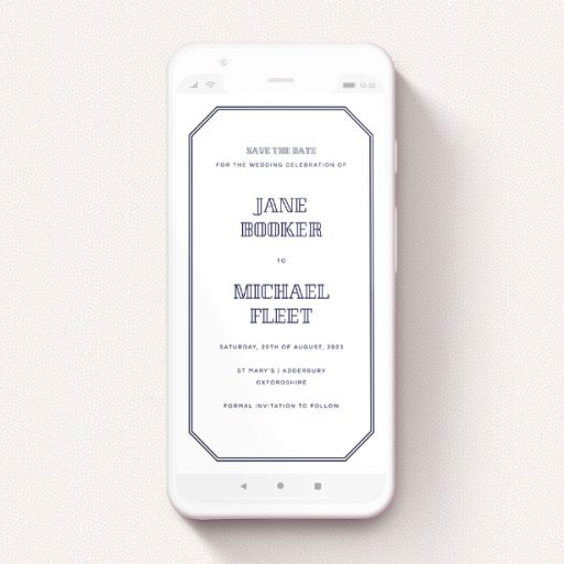 Save The Date For Whatsapp Design - "In between the lines square" A save the date for whatsapp called "In between the lines square". It is a smartphone screen sized card in a portrait orientation. "In between the lines square" is available as a flat card, with tones of blue and white.