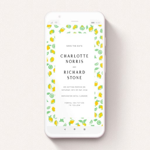 Save The Date For Whatsapp Design - "Madeira" A save the date for whatsapp design titled "Madeira". It is a smartphone screen sized card in a portrait orientation. "Madeira" is available as a flat card, with tones of yellow, green and white.