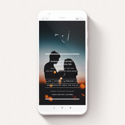 Save The Date For Whatsapp Design - "Monogrammed" A save the date for whatsapp design called "Monogrammed". It is a smartphone screen sized card in a portrait orientation. It is a photographic save the date for whatsapp with room for 1 photo. "Monogrammed" is available as a flat card, with mainly white colouring.