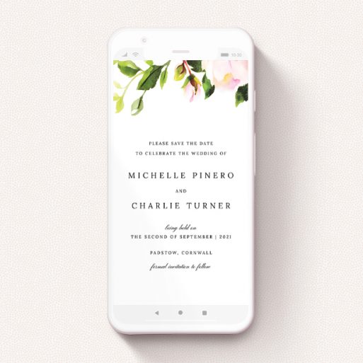 Save The Date For Whatsapp Design - "Rose Roof" A save the date for whatsapp design titled "Rose Roof". It is a smartphone screen sized card in a portrait orientation. "Rose Roof" is available as a flat card, with tones of pink and green.