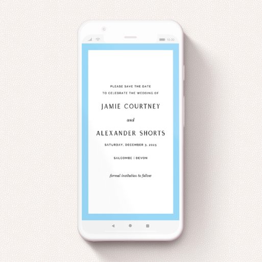 Save The Date For Whatsapp Design - "Simple Blue" A save the date for whatsapp design called "Simple Blue". It is a smartphone screen sized card in a portrait orientation. "Simple Blue" is available as a flat card, with tones of blue and white.