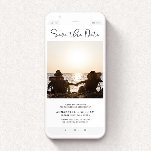 Save The Date For Whatsapp Design - "Simple Setting" A save the date for whatsapp template titled "Simple Setting". It is a smartphone screen sized card in a portrait orientation. It is a photographic save the date for whatsapp with room for 1 photo. "Simple Setting" is available as a flat card, with mainly white colouring.