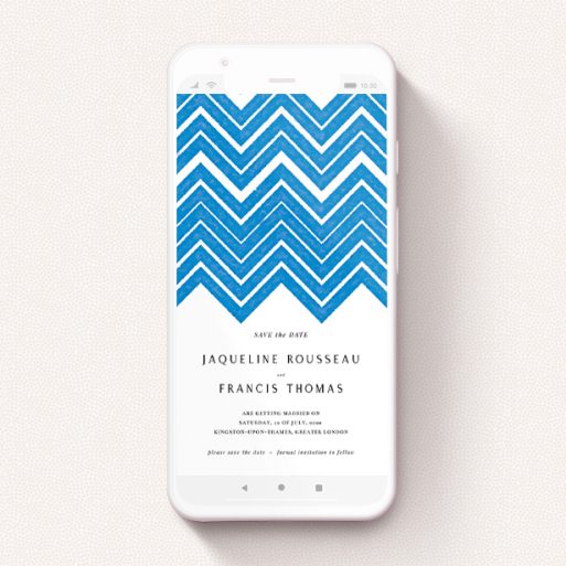 Save The Date For Whatsapp Design - "Skiapthos" A save the date for whatsapp named "Skiapthos". It is a smartphone screen sized card in a portrait orientation. "Skiapthos" is available as a flat card, with tones of blue and white.