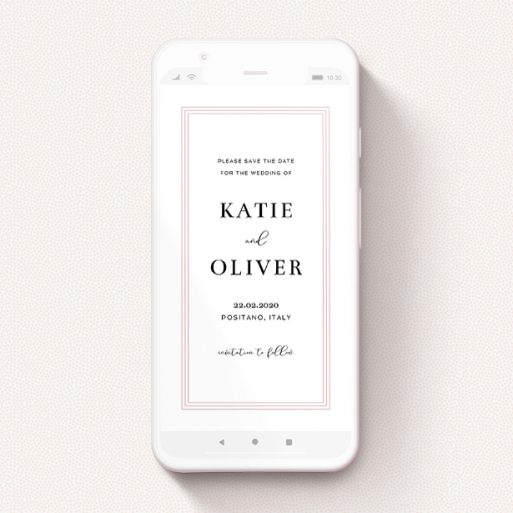 Save The Date For Whatsapp Design - "Tri-Border" A save the date for whatsapp called "Tri-Border". It is a smartphone screen sized card in a portrait orientation. "Tri-Border" is available as a flat card, with tones of pink and white.