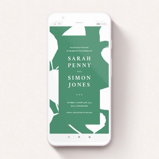 Save The Date For Whatsapp Design - "White on Green" A save the date for whatsapp design named "White on Green". It is a smartphone screen sized card in a portrait orientation. "White on Green" is available as a flat card, with tones of green and white.