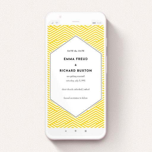 Save The Date For Whatsapp Design - "Yellow lines " A save the date for whatsapp called "Yellow lines ". It is a smartphone screen sized card in a portrait orientation. "Yellow lines " is available as a flat card, with tones of yellow and white.