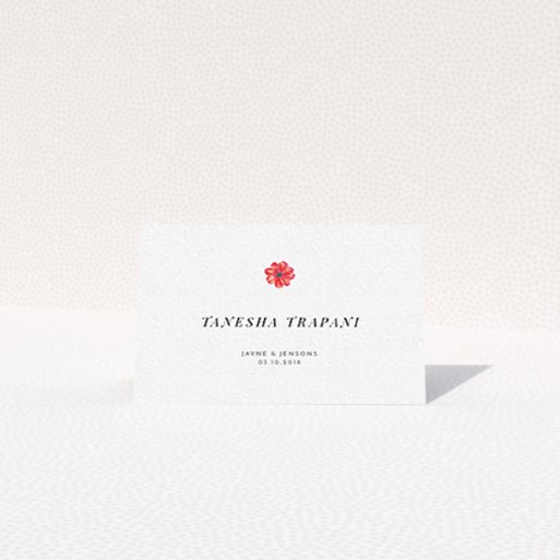 Table Place Card Design - "Acrylic Daisy" A table place card called "Acrylic Daisy". It is an 85 x 55mm card in a landscape orientation. "Acrylic Daisy" is available as a folded card, with tones of white and red.