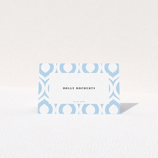 Table Place Card Design - "Arabian diamonds" A table place card named "Arabian diamonds". It is an 85 x 55mm card in a landscape orientation. "Arabian diamonds" is available as a folded card, with tones of blue and white.