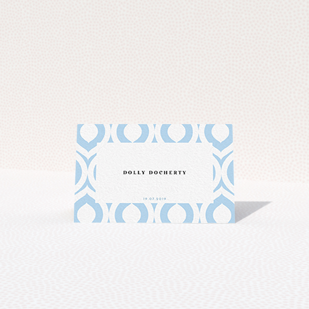 A table place card named "Arabian diamonds". It is an 85 x 55mm card in a landscape orientation. "Arabian diamonds" is available as a folded card, with tones of blue and white.