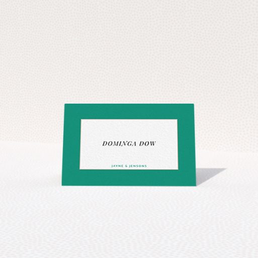Table Place Card Design - "Big Green" A table place card design titled "Big Green". It is an 85 x 55mm card in a landscape orientation. "Big Green" is available as a folded card, with tones of green and white.