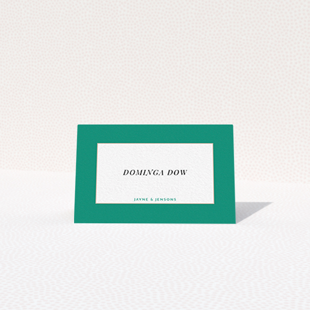 A table place card design titled "Big Green". It is an 85 x 55mm card in a landscape orientation. "Big Green" is available as a folded card, with tones of green and white.
