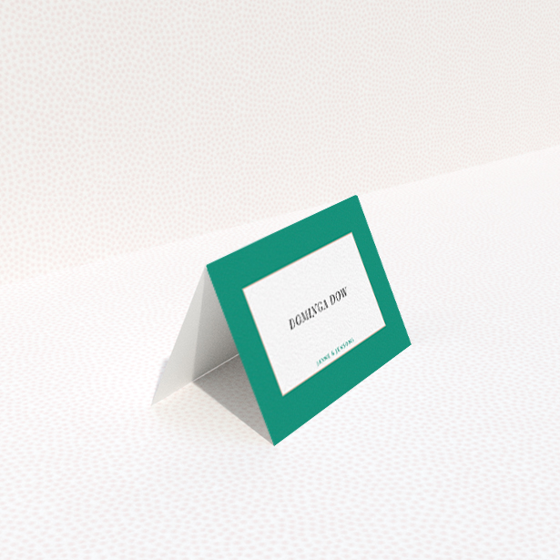 A table place card design titled "Big Green". It is an 85 x 55mm card in a landscape orientation. "Big Green" is available as a folded card, with tones of green and white.