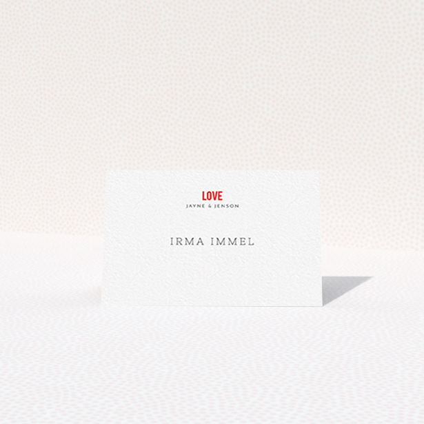 A table place card design called "Big Love". It is an 85 x 55mm card in a landscape orientation. "Big Love" is available as a folded card, with tones of white and red.