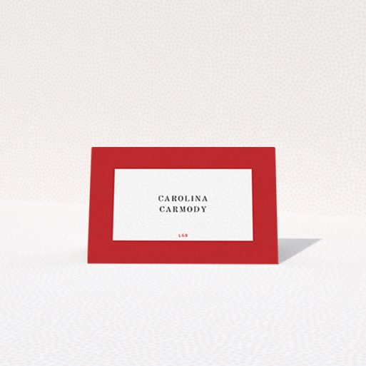 Table Place Card Design - "Big Red" A table place card template titled "Big Red". It is an 85 x 55mm card in a landscape orientation. "Big Red" is available as a folded card, with tones of red and white.