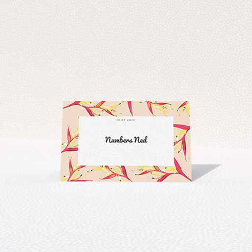 Table Place Card Design - "Birds of paradise" A table place card template titled "Birds of paradise". It is an 85 x 55mm card in a landscape orientation. "Birds of paradise" is available as a folded card, with tones of dark cream and red.