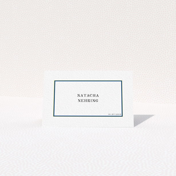 A table place card design named "Blue and Gold Simple". It is an 85 x 55mm card in a landscape orientation. "Blue and Gold Simple" is available as a folded card, with tones of white and yellow.