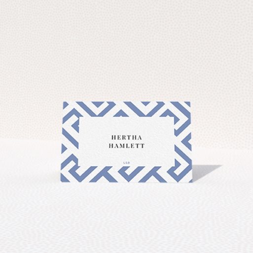 Table Place Card Design - "Blue and white maze" A table place card template titled "Blue and white maze". It is an 85 x 55mm card in a landscape orientation. "Blue and white maze" is available as a folded card, with tones of blue and white.