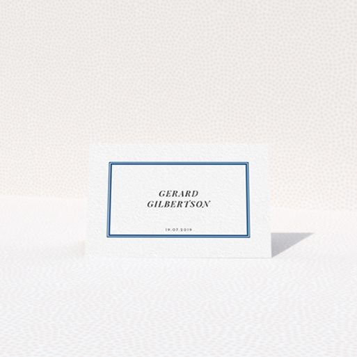 Table Place Card Design - "Blue Intrigue" A table place card design called "Blue Intrigue". It is an 85 x 55mm card in a landscape orientation. "Blue Intrigue" is available as a folded card, with tones of blue and white.