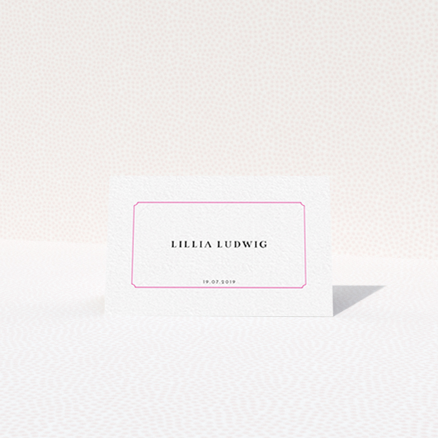 A table place card template titled "Bright Pink Simple". It is an 85 x 55mm card in a landscape orientation. "Bright Pink Simple" is available as a folded card, with tones of white and pink.