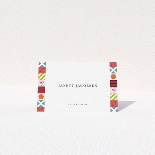 Table Place Card Design - "Epsom" A table place card template titled "Epsom". It is an 85 x 55mm card in a landscape orientation. "Epsom" is available as a folded card, with mainly red colouring.