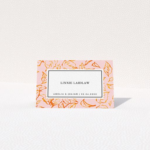 Table Place Card Design - "Falling Foliage" A table place card design called "Falling Foliage". It is an 85 x 55mm card in a landscape orientation. "Falling Foliage" is available as a folded card, with tones of pink and orange.