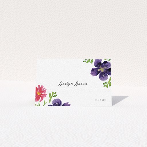 Table Place Card Design - "Flower Encroaching" A table place card design titled "Flower Encroaching". It is an 85 x 55mm card in a landscape orientation. "Flower Encroaching" is available as a folded card, with tones of white and dark purple.
