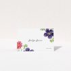A table place card design titled "Flower Encroaching". It is an 85 x 55mm card in a landscape orientation. "Flower Encroaching" is available as a folded card, with tones of white and dark purple.