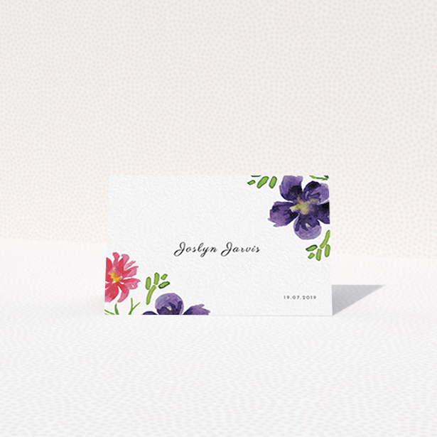 A table place card design titled "Flower Encroaching". It is an 85 x 55mm card in a landscape orientation. "Flower Encroaching" is available as a folded card, with tones of white and dark purple.