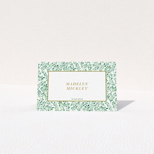 Table Place Card Design - "From the hedge" A table place card design named "From the hedge". It is an 85 x 55mm card in a landscape orientation. "From the hedge" is available as a folded card, with tones of green and white.