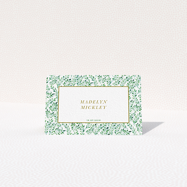 A table place card design named "From the hedge". It is an 85 x 55mm card in a landscape orientation. "From the hedge" is available as a folded card, with tones of green and white.