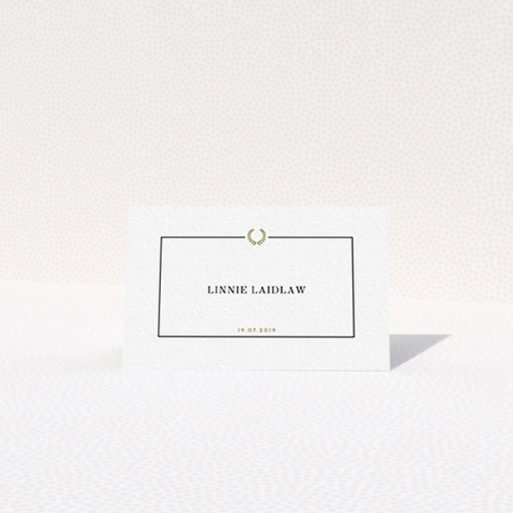 Table Place Card Design - "Greco Border" A table place card design named "Greco Border". It is an 85 x 55mm card in a landscape orientation. "Greco Border" is available as a folded card, with tones of gold and white.
