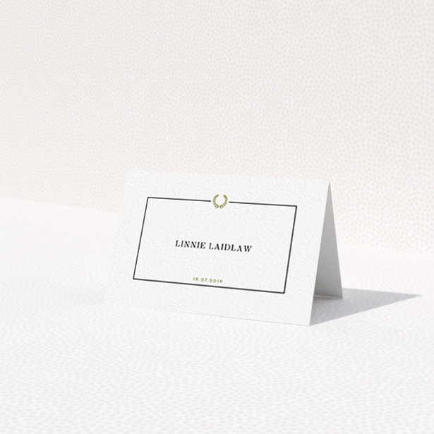 A table place card design named "Greco Border". It is an 85 x 55mm card in a landscape orientation. "Greco Border" is available as a folded card, with tones of gold and white.