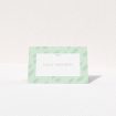 A table place card named "Green Strokes". It is an 85 x 55mm card in a landscape orientation. "Green Strokes" is available as a folded card, with tones of green and white.