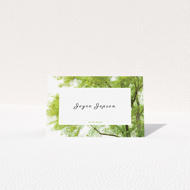 A table place card design called "In the Field". It is an 85 x 55mm card in a landscape orientation. "In the Field" is available as a folded card, with tones of green and white.