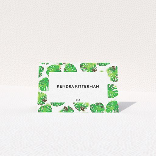 Table Place Card Design - "Jungle Sky" A table place card design named "Jungle Sky". It is an 85 x 55mm card in a landscape orientation. "Jungle Sky" is available as a folded card, with tones of green and white.