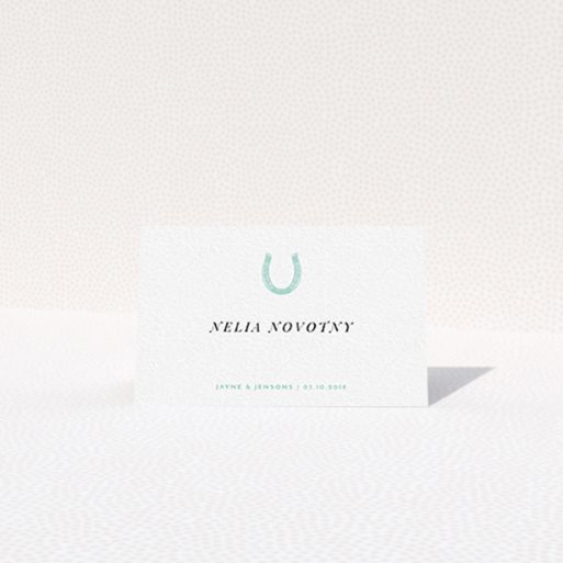 Table Place Card - Lucky Horse Shoe (Light Blue) A table place card template titled "Lucky horse shoe". It is an 85 x 55mm card in a landscape orientation. "Lucky horse shoe" is available as a folded card, with tones of white and blue.