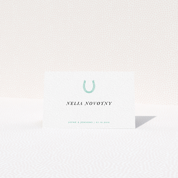 A table place card template titled "Lucky horse shoe". It is an 85 x 55mm card in a landscape orientation. "Lucky horse shoe" is available as a folded card, with tones of white and blue.