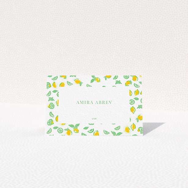 A table place card design titled "Madeira". It is an 85 x 55mm card in a landscape orientation. "Madeira" is available as a folded card, with tones of green and yellow.
