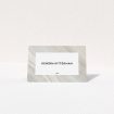 A table place card design titled "Marble Swerve". It is an 85 x 55mm card in a landscape orientation. "Marble Swerve" is available as a folded card, with tones of grey and white.