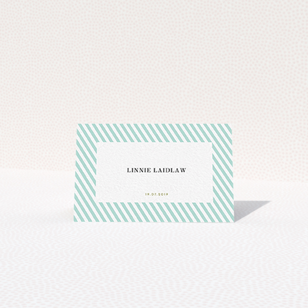 A table place card called "Mint Diagonals". It is an 85 x 55mm card in a landscape orientation. "Mint Diagonals" is available as a folded card, with tones of green and white.